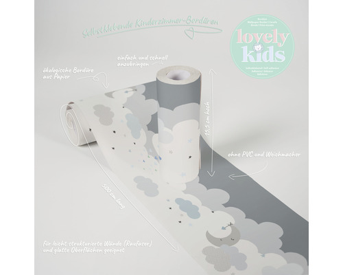 Selbstklebende Kinderzimmer Bordüre mit Wolken- und Sternenmuster, 15,5 cm hoch, 500 cm lang