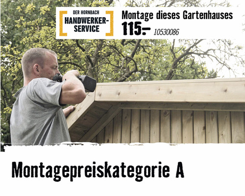 "Handwerker montiert ein Gartenhaus mit Schraubenzieher
