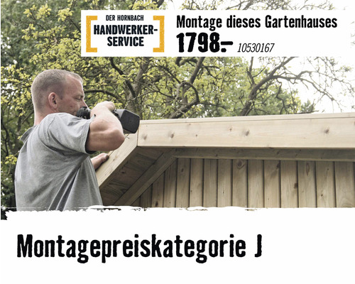 Der Hornbach Handwerkerservice montiert ein Gartenhaus.