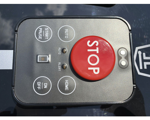 Bedienfeld eines Mähroboters mit Start/Pause-, Auto-, Stopp-, Ein/Aus- und Home-Taste