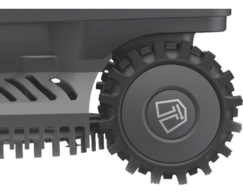 Detailansicht eines Rasenmähroboter-Rades mit Profil und Herstellerlogo