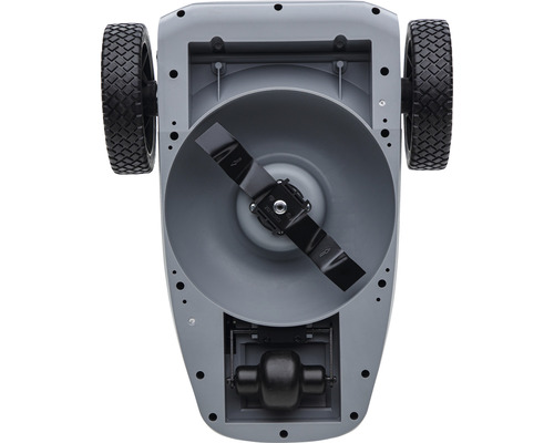 Unterseite eines Rasenmähers mit Messer und Rädern