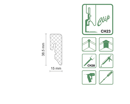 Clip CH23 mit Maßangaben und Symbolen für Montageoptionen