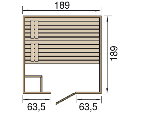 Grundriss einer Sauna mit Maßen.