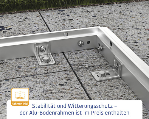 Detailansicht eines Aluminium Bodenrahmens mit Befestigungswinkeln auf einem Steinboden