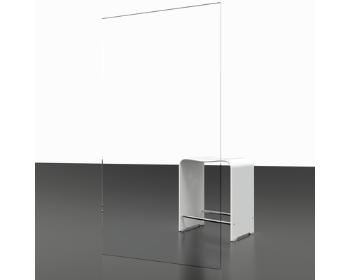 Freistehender, transparenter Spuckschutz aus Glas mit weißem Hocker.