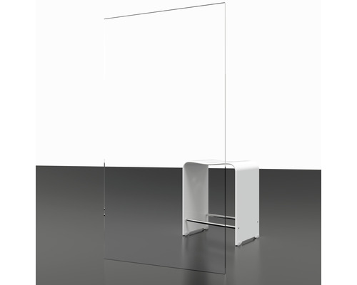 Transparente Acrylglasscheibe als Spuckschutz mit weißem Hocker