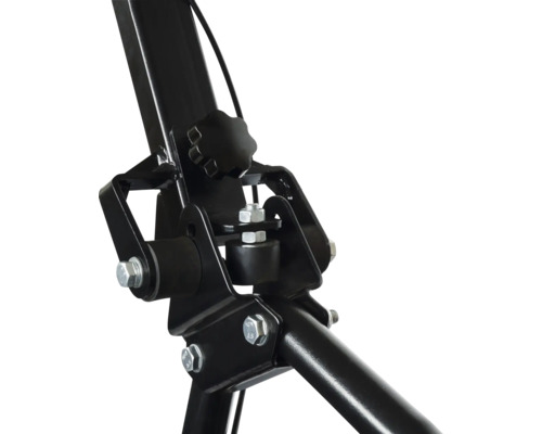 Detailaufnahme eines schwarzen Metallstützrahmens mit Schrauben und einem Verstellknopf.