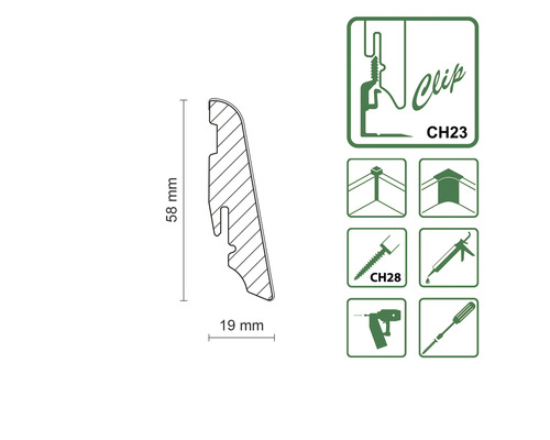 Abbildung einer Sockelleisten-Zeichnung mit den Maßen 58 Millimeter Höhe und 19 Millimeter Tiefe, daneben Symbole für Clipmontage, Schrauben und Werkzeuge