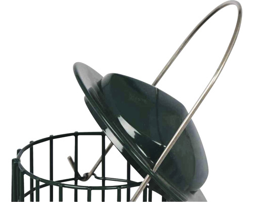 Detailansicht einer Futterstation für Vögel mit grünem Deckel und Metallbügel