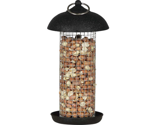 Vogelfutterspender aus Metall gefüllt mit Erdnüssen