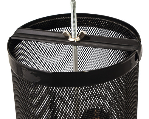 Detailansicht eines runden Drahtkorbs mit Gewindestange und Flügelmutter zur Befestigung