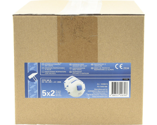 Verpackung mit 10 Atemschutzmasken FFP2 NR D mit Ventil gemäß EN 149: 2001 + A1: 2009