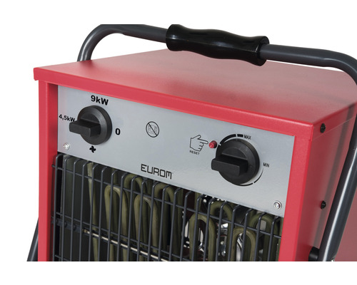 Detailansicht einer elektrischen Heizung mit Bedienelementen und EUROM Logo.