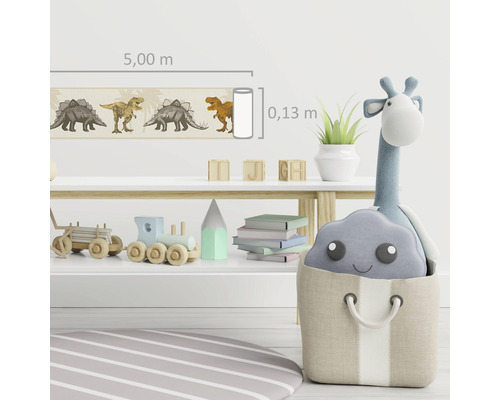 Kinderzimmer mit Dinosaurierbordüre, Länge 5 Meter, Höhe 0,13 Meter, und Spielzeug