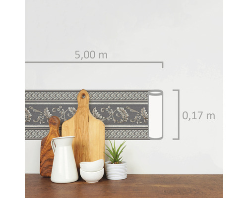 Dekorative Bordüre mit Blumenmuster, 5,00 m Länge und 0,17 m Breite.