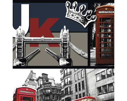 Collage mit Motiven aus Großbritannien: Tower Bridge, Telefonzelle und Krone