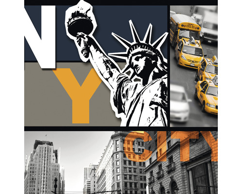 Collage mit der Freiheitsstatue, Taxis und New Yorker Gebäuden