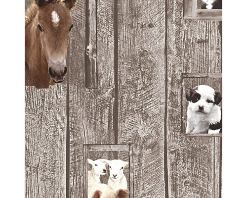 Tapete mit Holzbrettern sowie Pferde-, Lamm- und Hundemotiven
