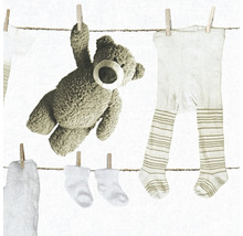 Teddybär, Strumpfhose und Socken hängen an einer Wäscheleine mit Klammern.