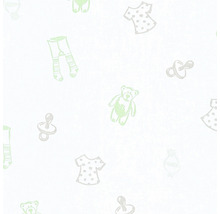Tapete mit Kindermotiven wie Teddybären, Schnullern und Kleidchen