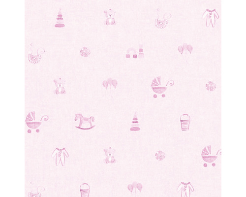 Vliestapete 35854-1 Little Stars rosa Spielzeug Tapete mit Baby Motiven wie Kinderwagen, Teddy und Spielzeug