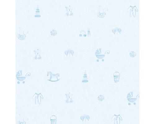 Tapete mit Baby-Motiven wie Kinderwagen, Teddybären und Spielzeug