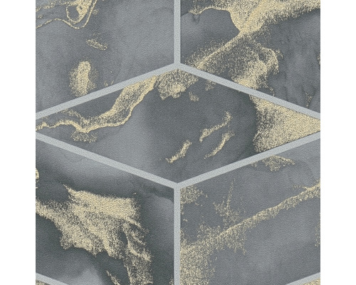 Nahaufnahme einer grauen Tapete mit goldenem Marmormuster