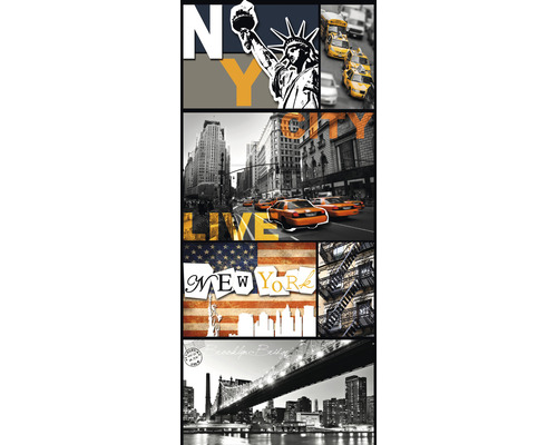 Collage mit New York Motiven, einschließlich der Freiheitsstatue und der Brooklyn Bridge