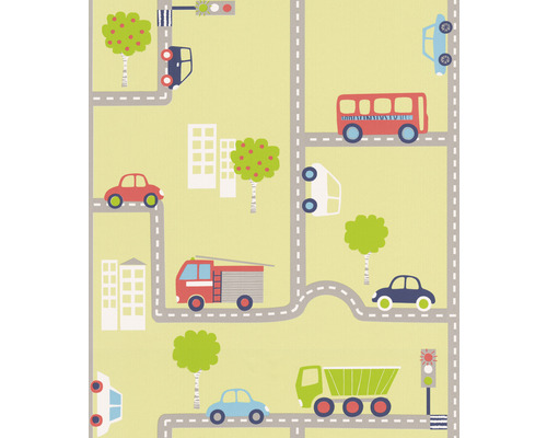Tapete mit Straßenmuster, Fahrzeugen, Bäumen und Gebäuden