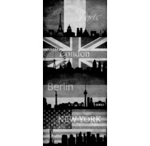 Dekoratives Bild mit Silhouetten von Paris, London, Berlin und New York vor Flaggen