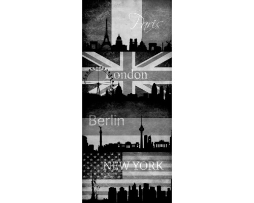 Dekoratives Bild mit Silhouetten von Paris, London, Berlin und New York vor Flaggen