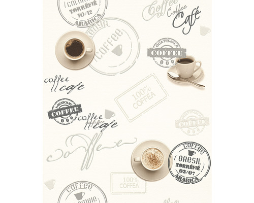 Papiertapete 94308-1 Il Decoro Kaffeetasse creme beige Tapete mit Kaffeemotiven und -stempeln