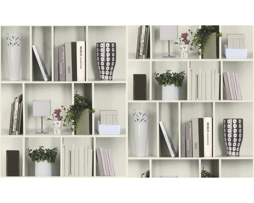 Tapete mit Bücherregal-Motiv mit Vasen, Büchern und Pflanzen