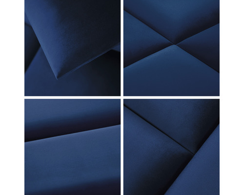 Nahaufnahme von vier blauen Akustikpaneelen mit geometrischen Mustern