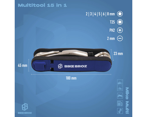 Bike Broz Multitool 15 in 1 mit verschiedenen Werkzeuggrößen