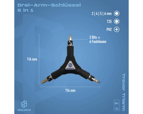 Dreiarmiger Schlüssel 6 in 1 mit Bits in den Größen 2, 4, 5, 6 mm, T25 und PH2