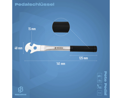 Pedalschlüssel mit einer Länge von 141 mm und einer Maulweite von 15 mm