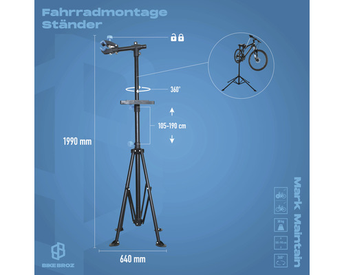Fahrradmontageständer mit den Maßen 1990 mm Höhe und 640 mm Breite