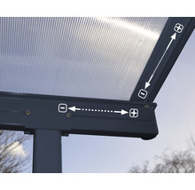 Detailansicht einer Terrassenüberdachung mit Polycarbonatplatten und Markierungen für Abmessungen