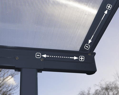 Detailansicht einer Terrassenüberdachung mit Polycarbonatplatten und Markierungen für Abmessungen