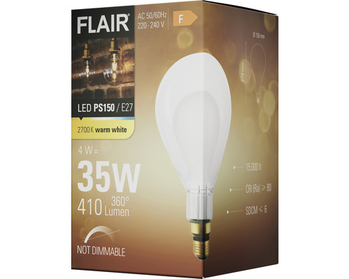 Verpackung einer Flair LED Lampe PS150/E27, nicht dimmbar