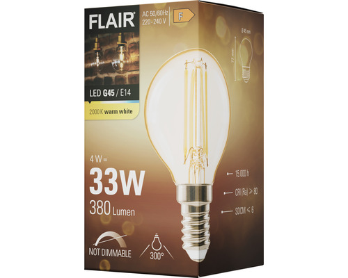 FLAIR LED Lampe G45/E14, 4 Watt, 33 Watt Entsprechung, 380 Lumen, 2000 Kelvin, warmweiß, nicht dimmbar