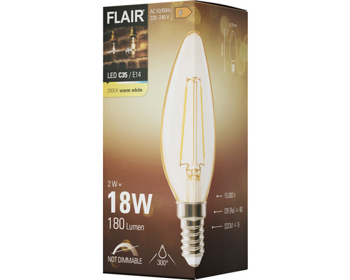 Verpackung einer nicht dimmbaren LED Lampe C35/E14 von Flair, 2000K warmweiß