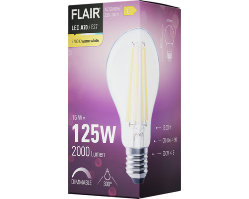 Verpackung einer dimmbaren Flair LED A70 E27 Lampe mit 2700 Kelvin und 2000 Lumen