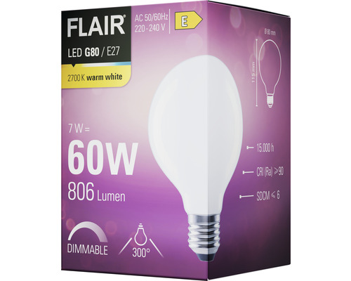 FLAIR LED G80 E27 Leuchtmittel in Produktverpackung