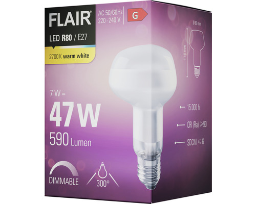 Verpackung einer dimmbaren Flair LED R80 E27 Lampe mit 7 Watt Leistung, entspricht 47 Watt