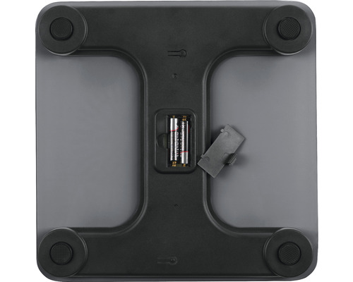 Unterseite einer Personenwaage mit Batteriefach und Batterien