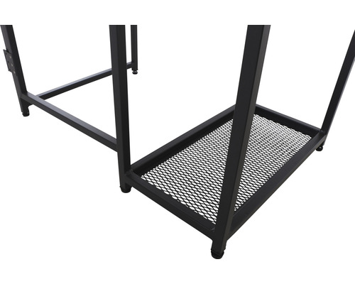 Detailansicht eines Schreibtisches mit schwarzem Metallgestell und Ablagegitter.