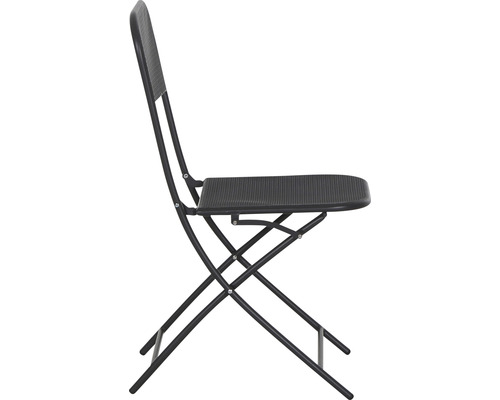 Schwarzer Klappstuhl aus Metall in Seitenansicht.